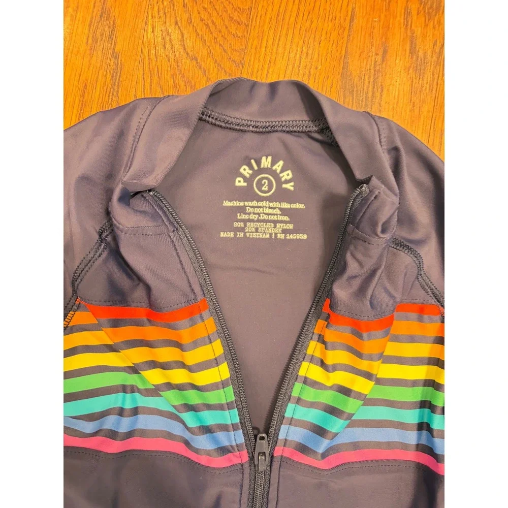 Primary Kids Rainbow Stripe Long Sleeve Rash Guard Romper Navy Blue Size 2